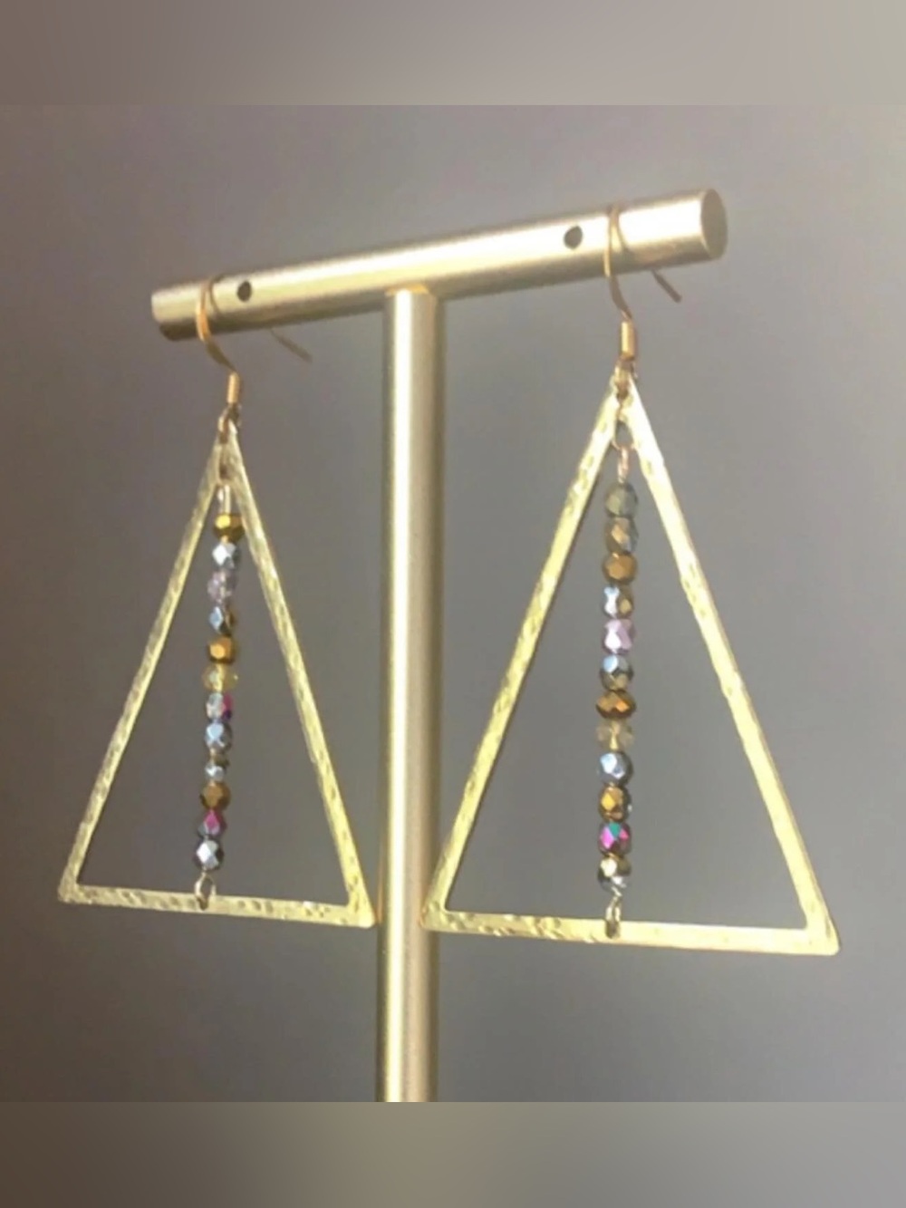 Gold Triangle Drop Earrings with Iridescent Beads - Women Jewelry